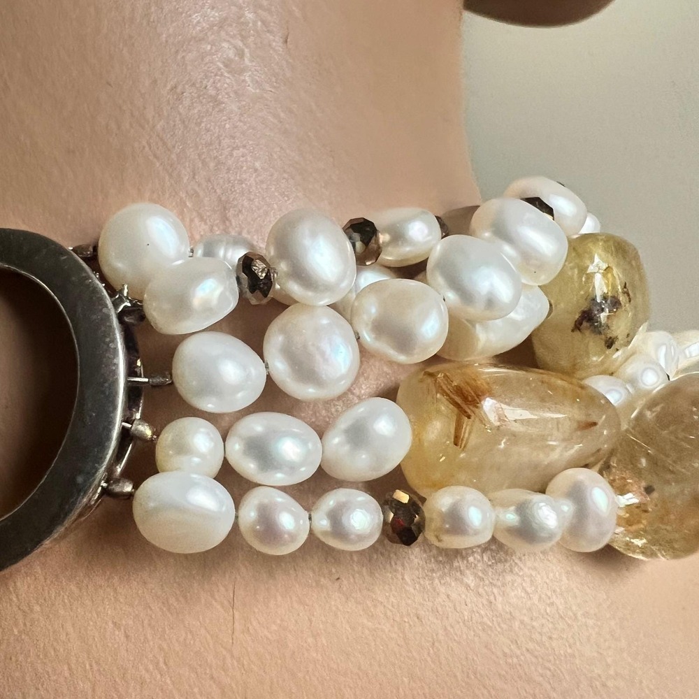 Pearl Rutilated Quartz White 18" Multi-Strand Statement Necklace - Picture 5 of 6